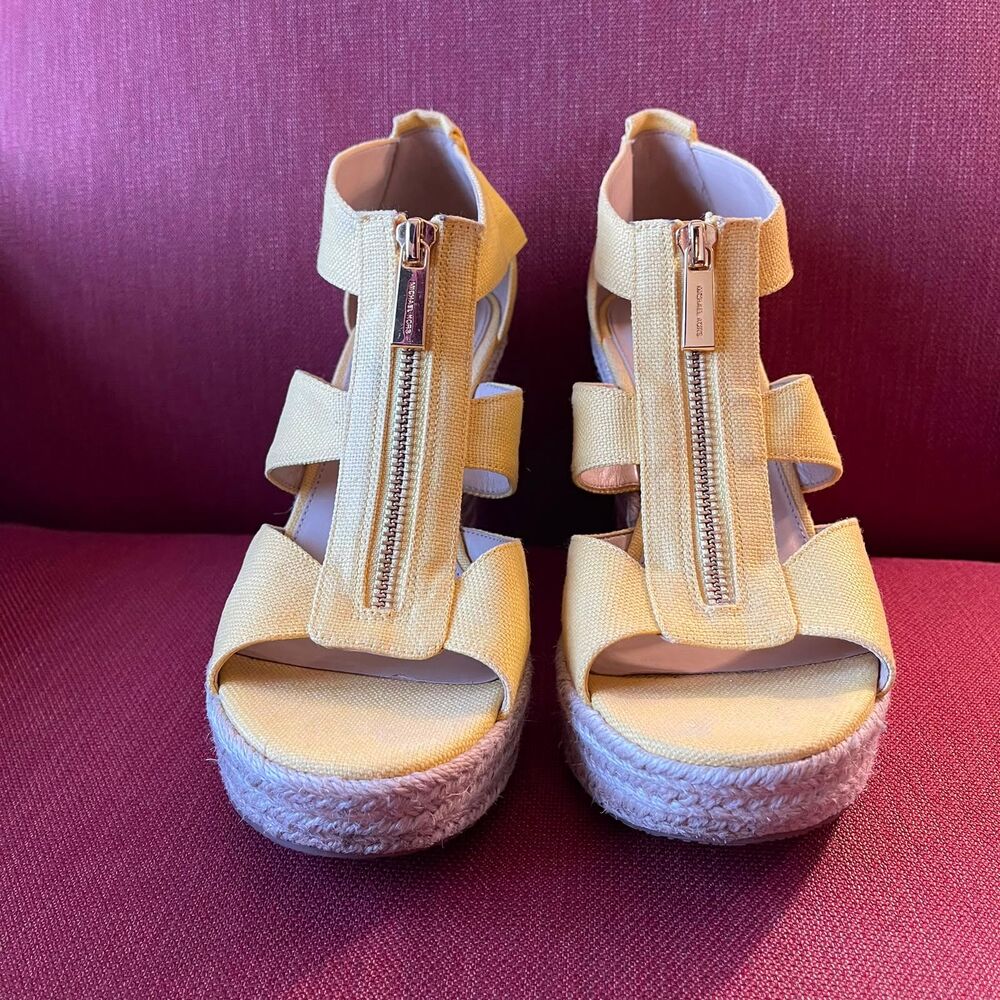 Michael Kors Yellow Canvas Espadrille Wedge Sandals Gold Zip Size 8.5 M Heels - Picture 7 of 8